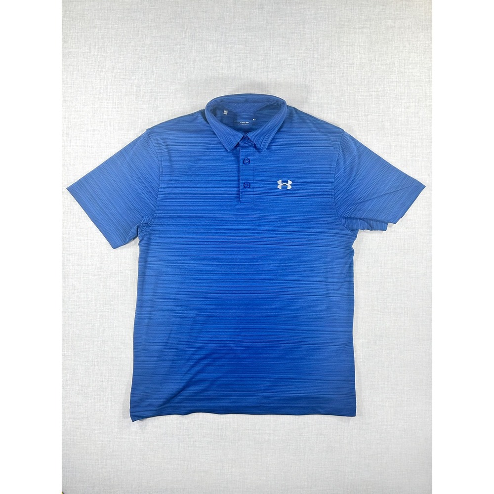 Under Armour Mens Medium Blue Striped Short Sleeve Golf Performance Polo Shirt